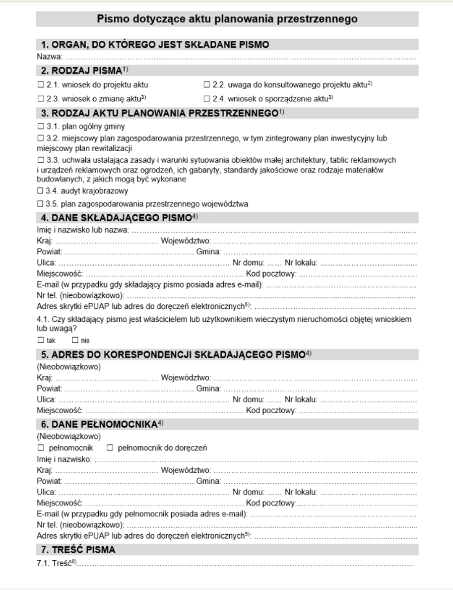 Pismo dotyczące aktu planowania przestrzennego