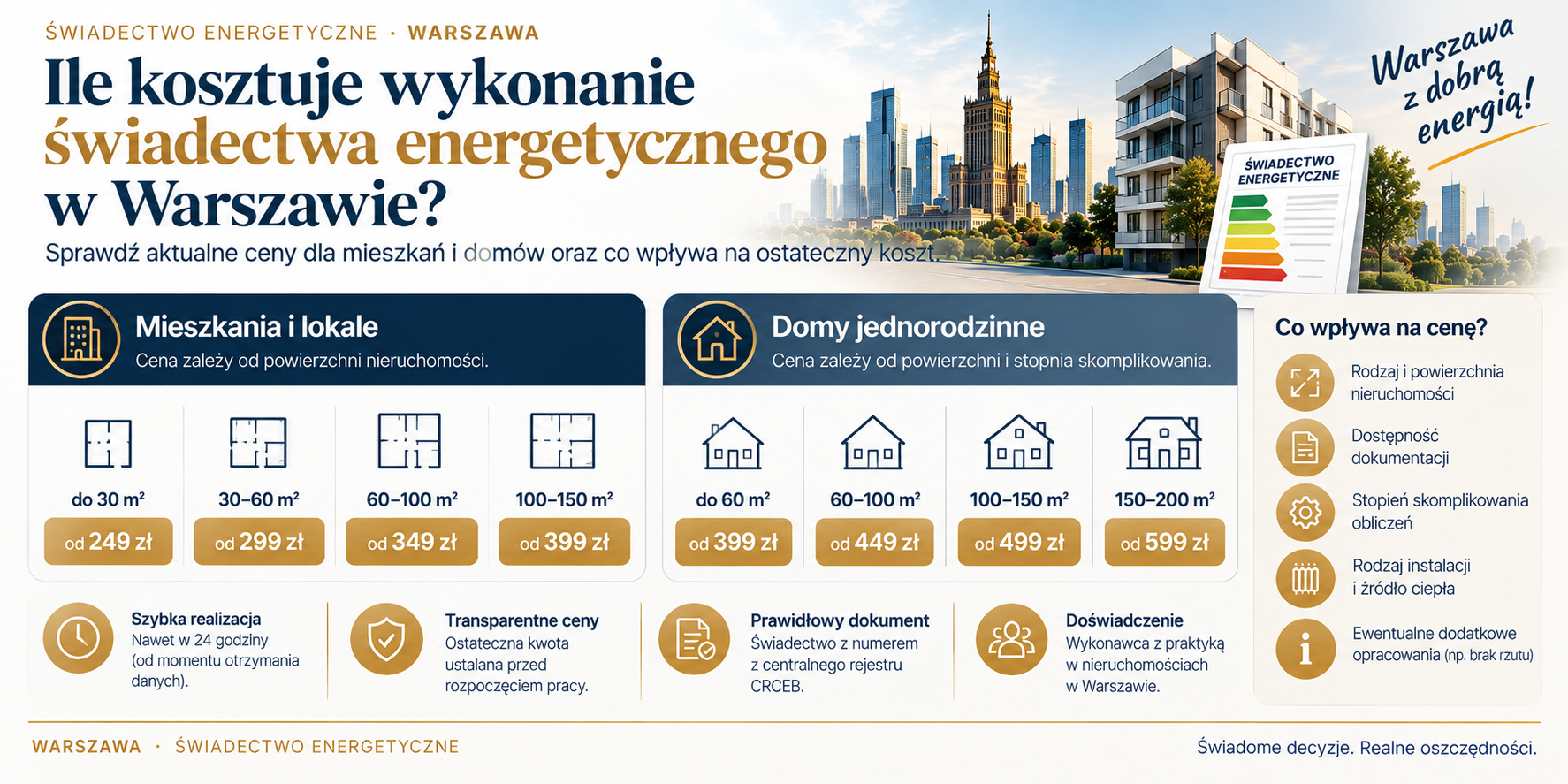 Ceny świadectwa energetycznego dla mieszkań i domów w Warszawie