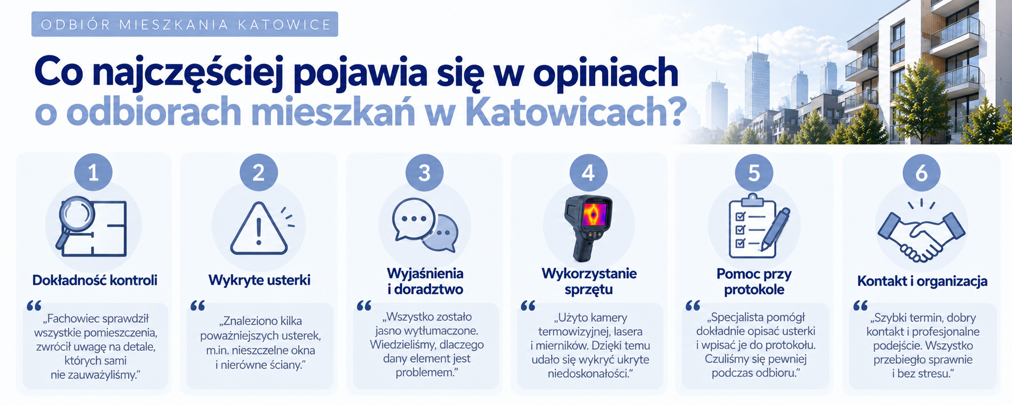 Co najczęściej pojawia się w opiniach: dokładność kontroli, wykryte usterki, wyjaśnienia, sprzęt, protokół i kontakt