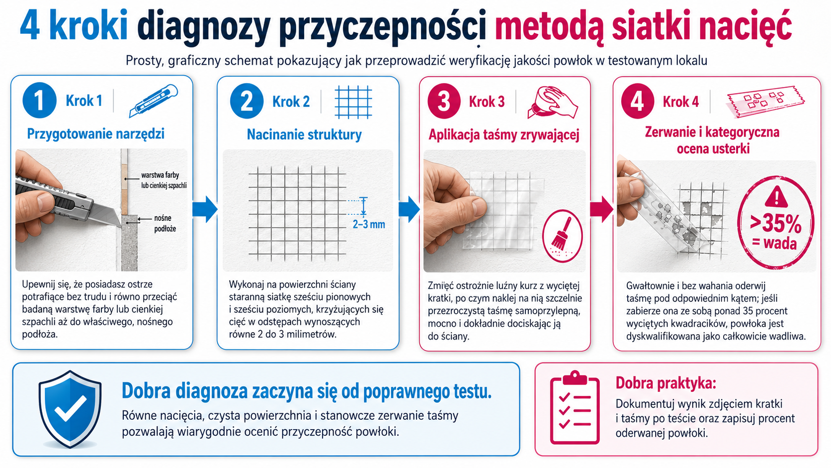 4 kroki diagnozy przyczepności metodą siatki nacięć