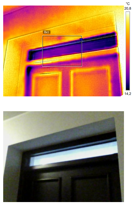 Dwa ujęcia górnej części ramy okiennej - jedno z widokiem termowizji, drugie bez. Właśnie w taki sposób dokonuje się pomiaru kamerą termowizyjną.