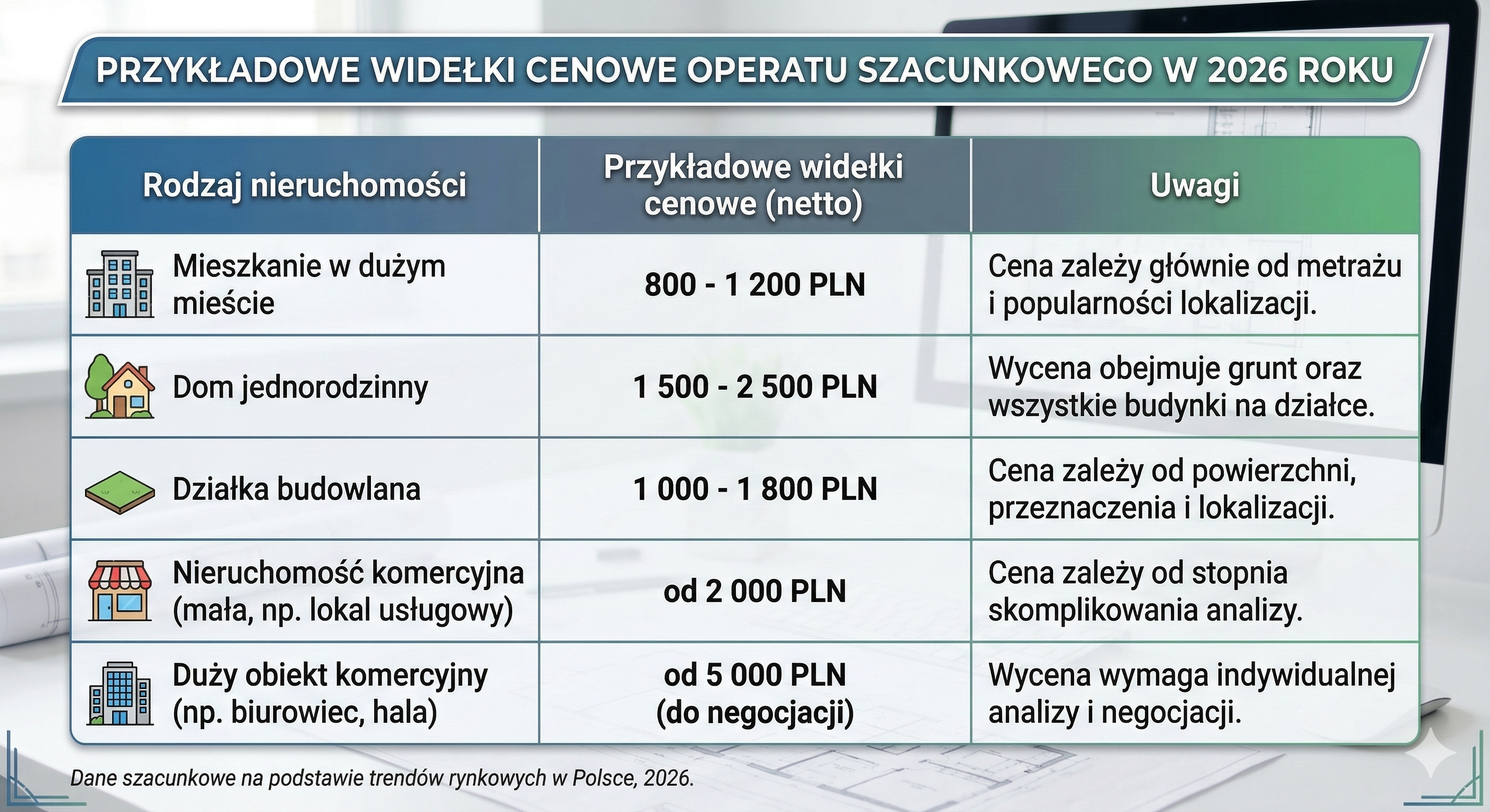 Przykładowe widełki kosztowe za wybrane typy nieruchomości.