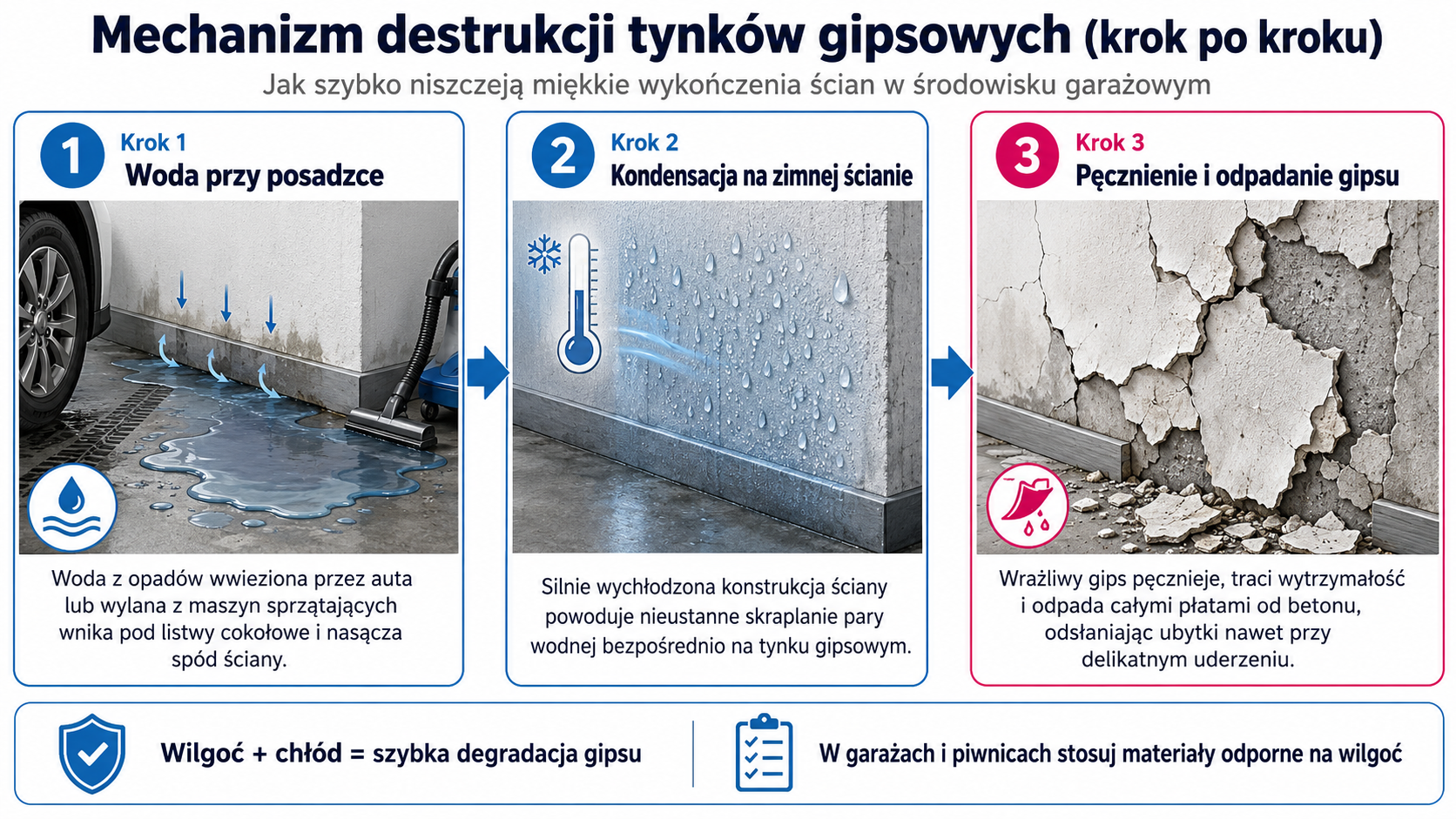 Mechanizm destrukcji tynków gipsowych (krok po kroku)