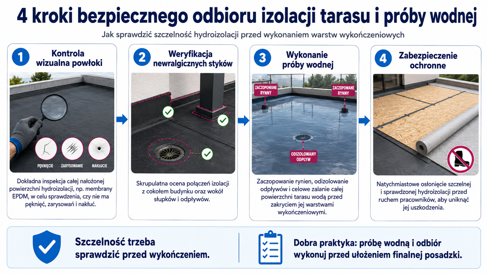4 kroki bezpiecznego odbioru izolacji tarasu i próby wodnej