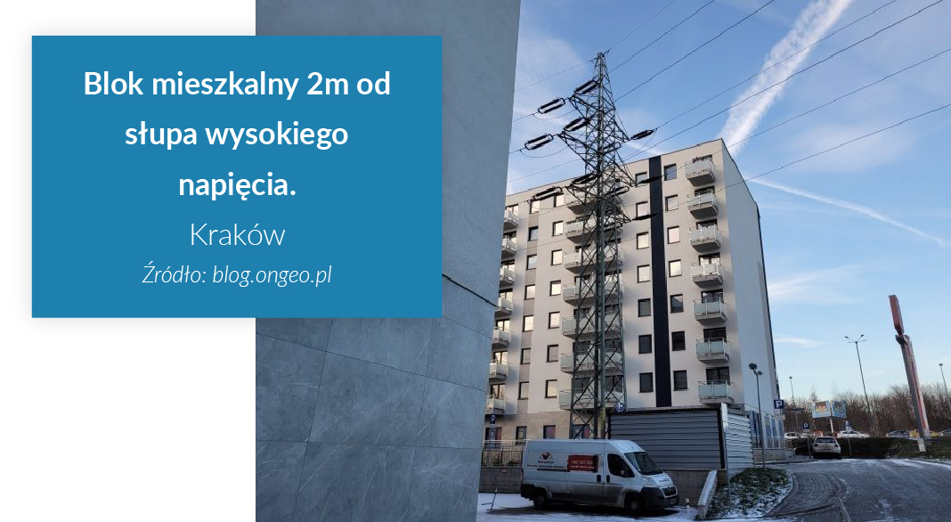 Patodeweloperka Kraków — blok mieszkalny 2 m od słupa wysokiego napięcia.