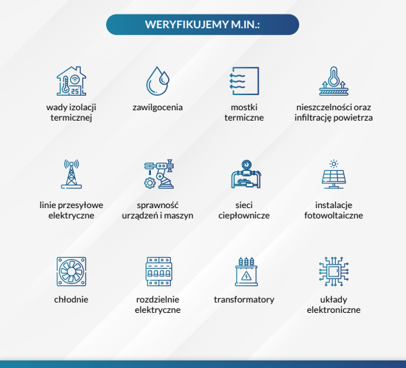 Przykładowa lista rzeczy, które weryfikujemy za pomocą kamery termowizyjnej w przemyśle. Są to: wady izolacji termicznej, zawilgocenia, mostki termiczne, nieszczelności oraz infiltrację powietrza, linie przesyłowe elektryczne, urządzenia i maszyny, sieci ciepłownicze, fotowoltaikę, chłodnie, transformatory, rozdzielnie elektryczne i układy elektroniczne.