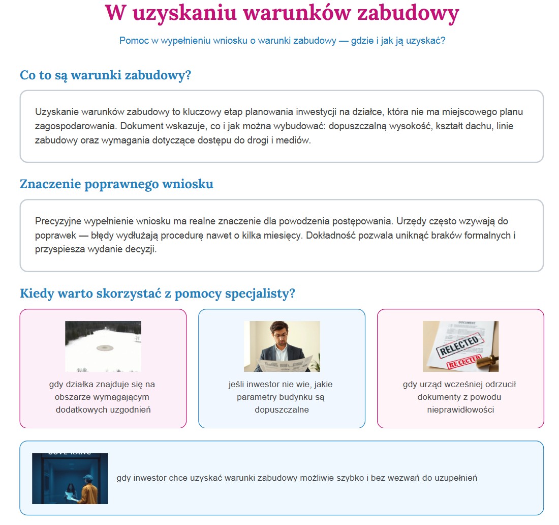 Infografika dotycząca procesu uzyskania warunków zabudowy.